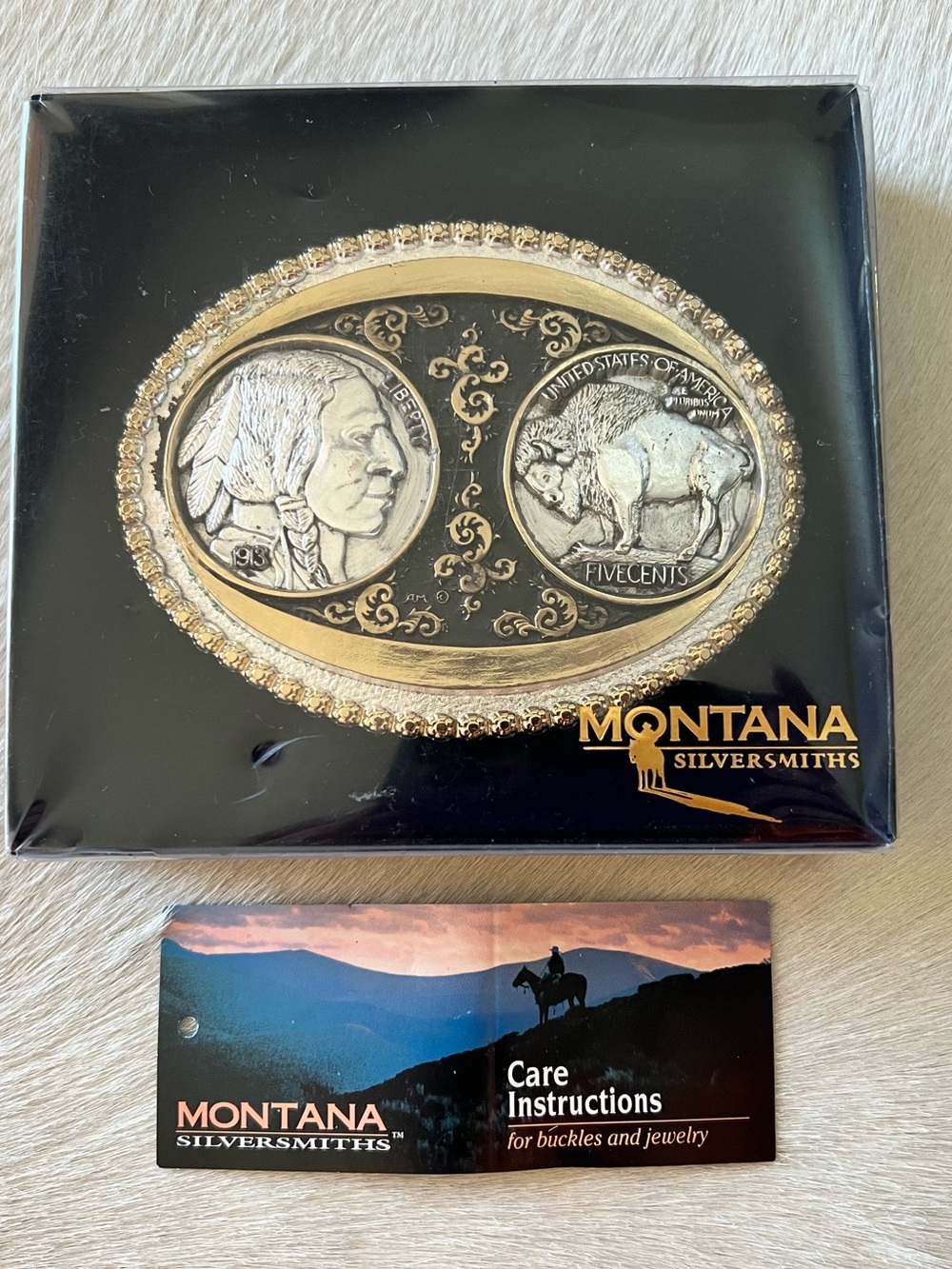 MONTANA SILVERSMITHS BELT BUCKLE / INDIAN NICKEL / GOLD & SILVER PLATED